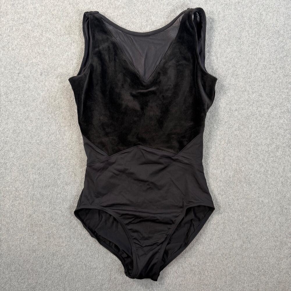 Mirella Black Velvet Mesh Leotard Size Small Tank Dancewear High Neck Scoop Back
